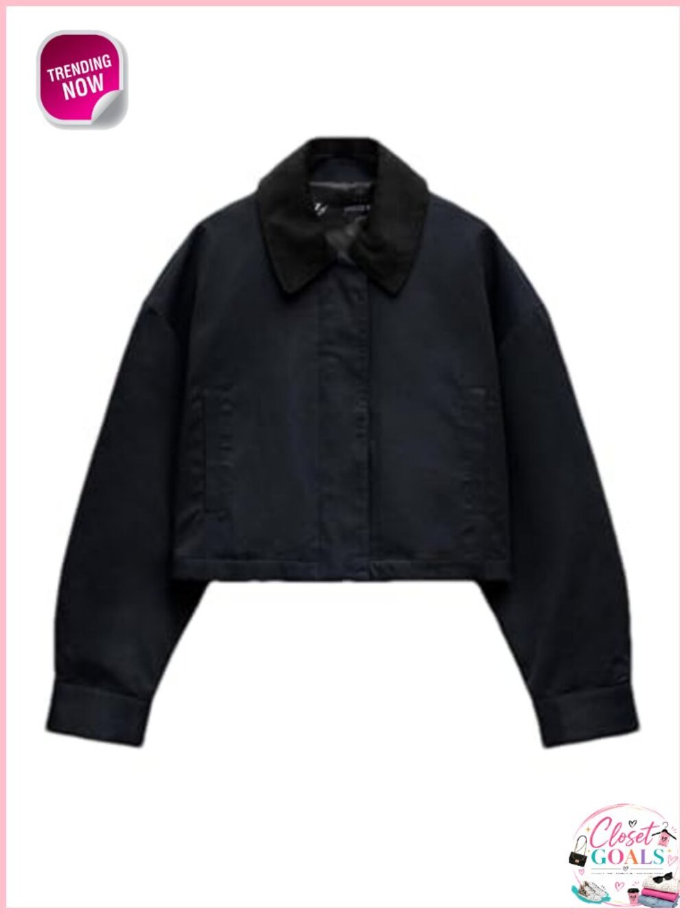 Women's Cropped Zip Up Corduroy Collar Jacket with Pockets
